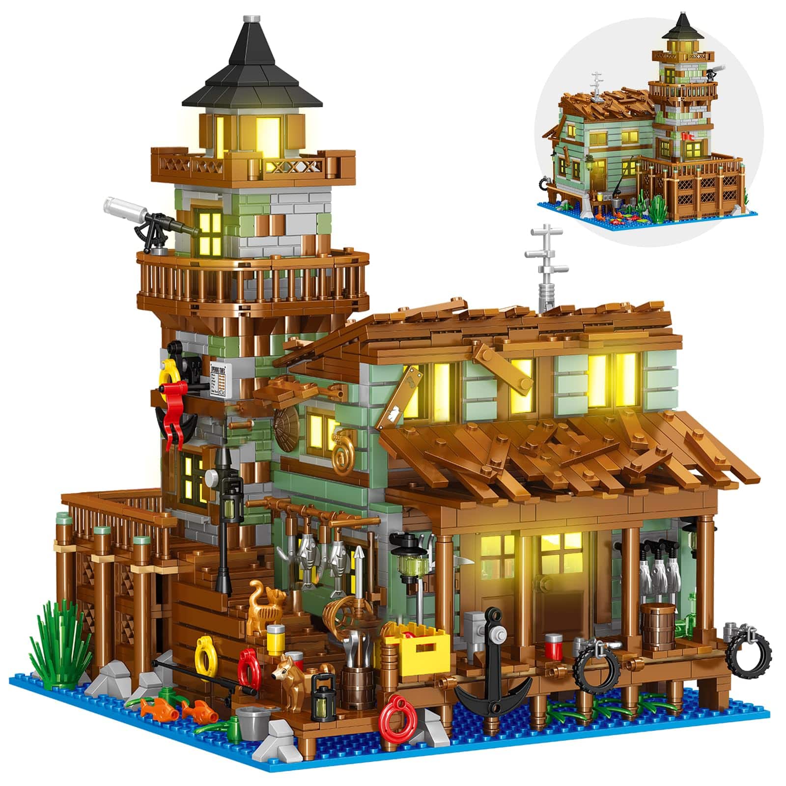 EZTW1 - Fishing Village Store House Building Set With 1881 Wood Cabin Mini Block Stem Architecture Toys Kit For Adults - Light Fishing Village Store House