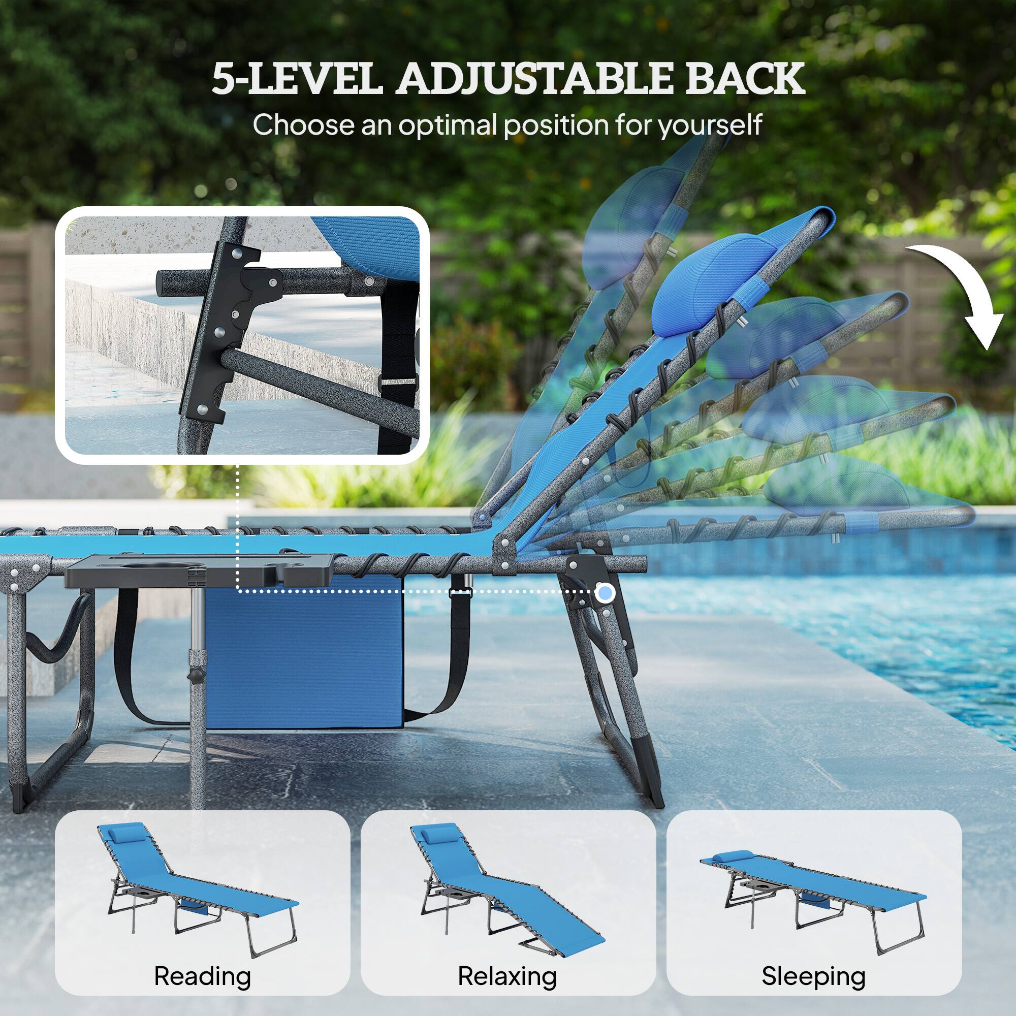 5-LEVEL ADJUSTABLE BACK  
Choose an optimal position for yourself  

Reading  
Relaxing  
Sleeping