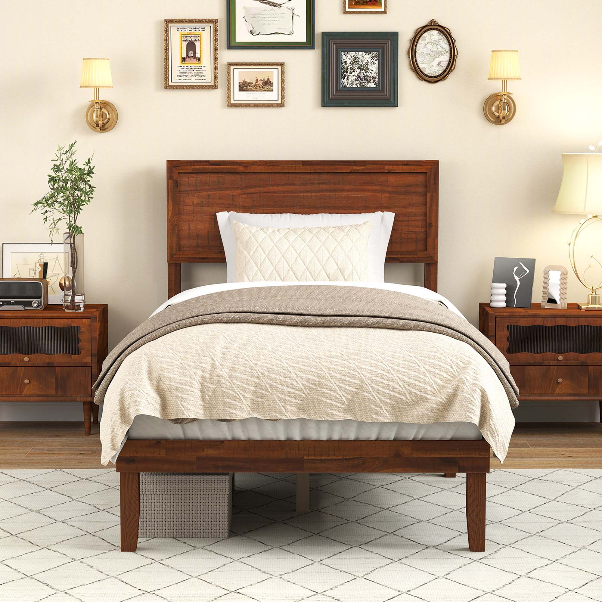 Alt View 3. Gymax - Gymax Twin Bed Frame w/ Rustic Headboard Under-bed Storage Space No Box Spring Needed - Walnut.