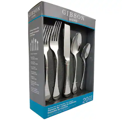 Gibson Home Set Piece Flahware N Couverts i Ensemble # I Places Gibson Home ad Compend: Saled Palo Pouthettes I Salade Sme Faks morchetes d Ste 4Dmer fohes Codex de Table 45me Spoons Callem de Table upops Caleres Cal Dwher sdk doud - enot Sinvate las bhec e-stle W cortercent Sitergets 14 AF de Strn Pleces Piezas 20 Plces AcHer moredatie Cubiertos Aenabon de Acero Juego Steel Set Couverts Stainess de po a Ensemble Flatware pera e Servvice . Servae Nor Service.