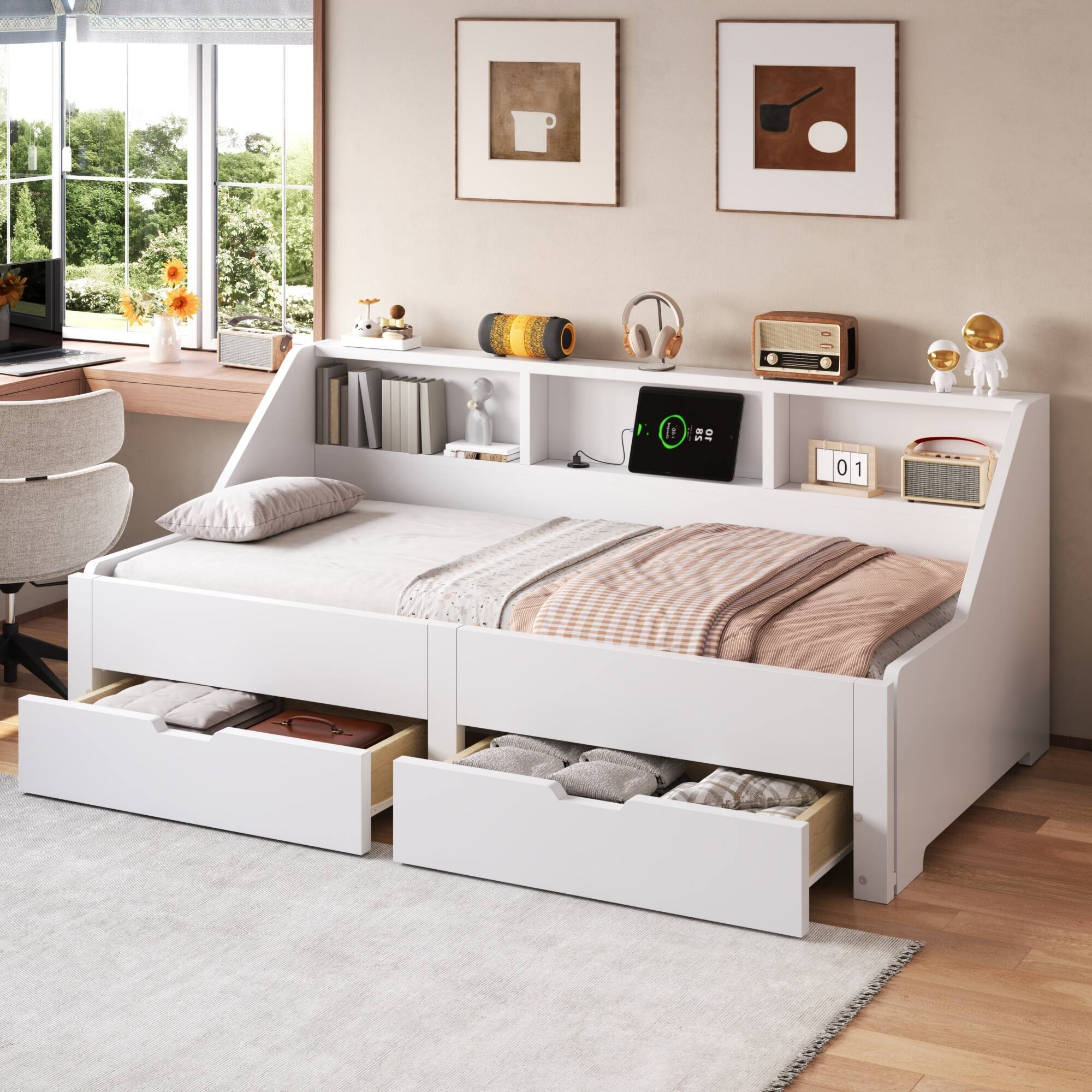 Left. Whisen - Twin to King Extendable Daybed with Storage Bookcases, 2 Drawers, Charging Station, 3-Pack Box Set - White.