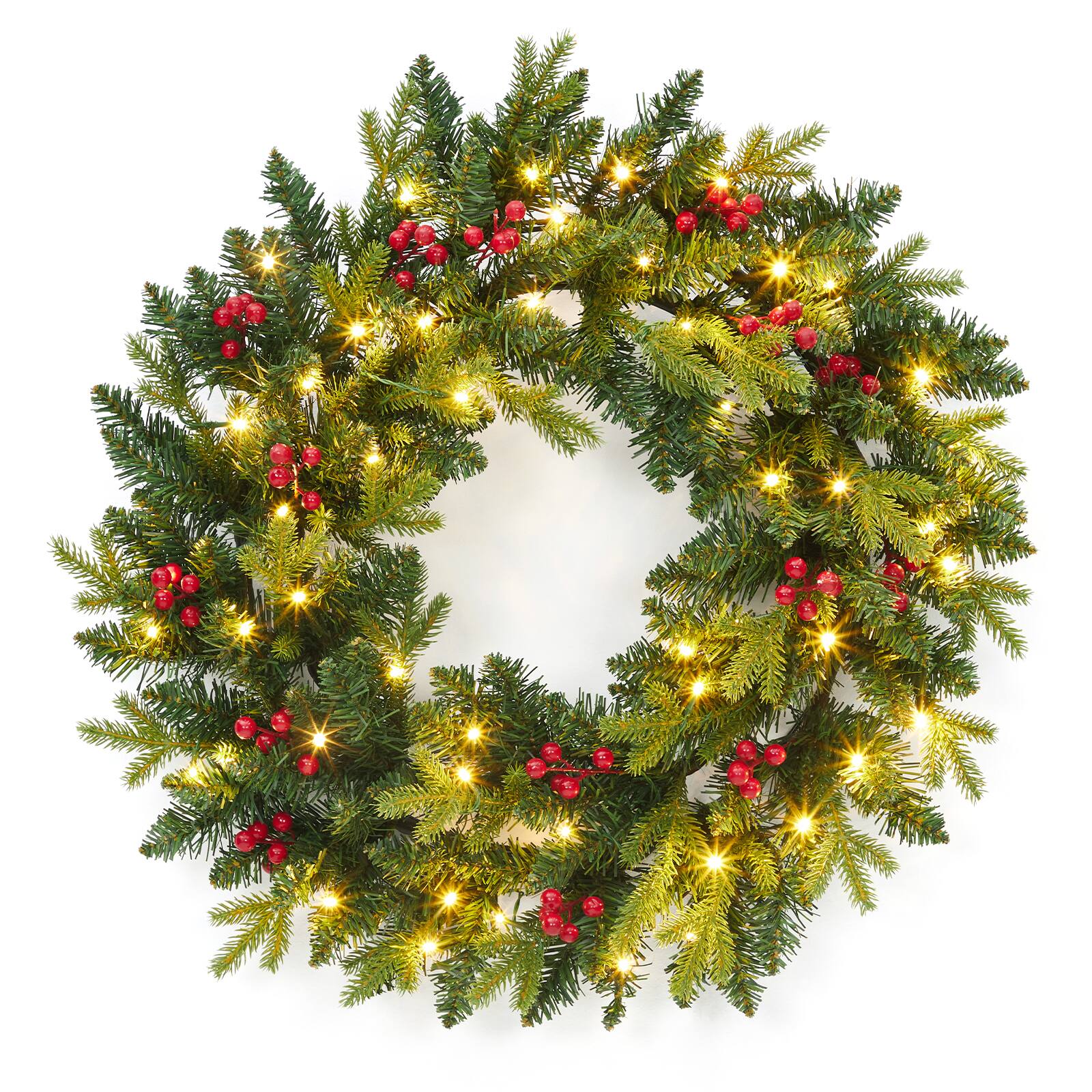 Acekool - 24 Inch Christmas Wreaths with Red Berries and Led Lights for Front Door Entryway Window Wall Hallway - Green