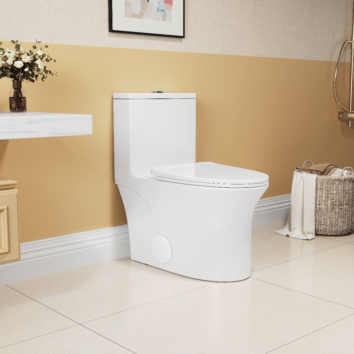 Left. Loheer - Loheer One Piece Elongated Toilet, White Ceramic, Comfort Height Dual Flush - White.