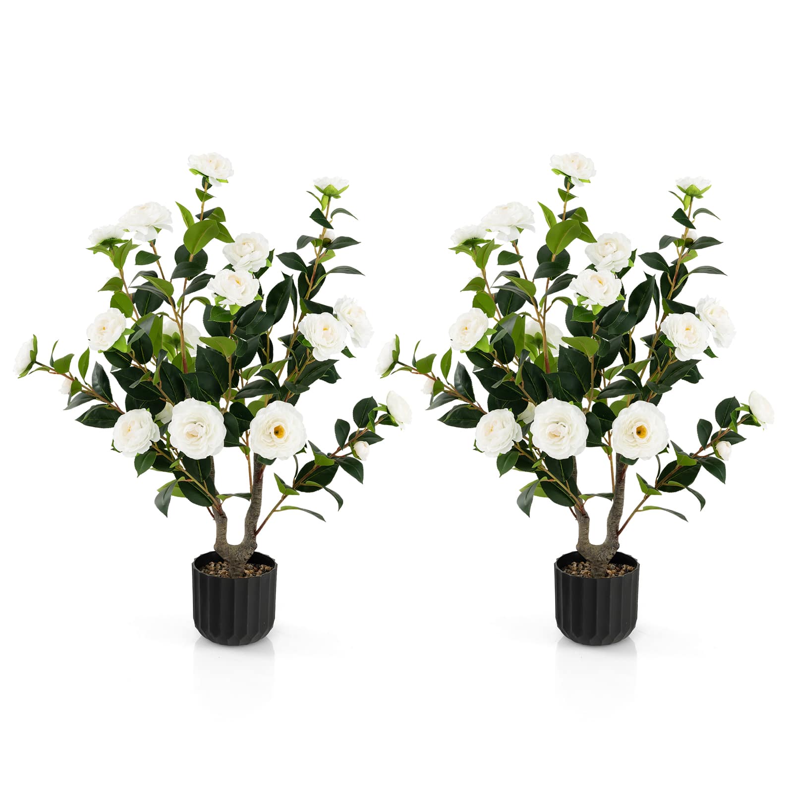 Costway- 2-Pack 38" Artificial Camellia Tree Faux Floral Plant for Decoration- White