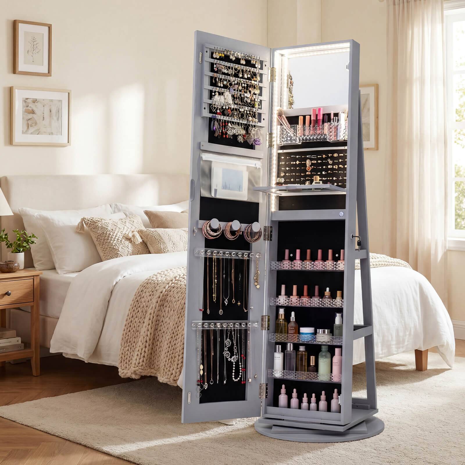 Alt View 3. Costway - Costway 360° Swivel Jewelry Cabinet with LED Lights, Full-Length Mirror & Makeup Mirror - Gray.
