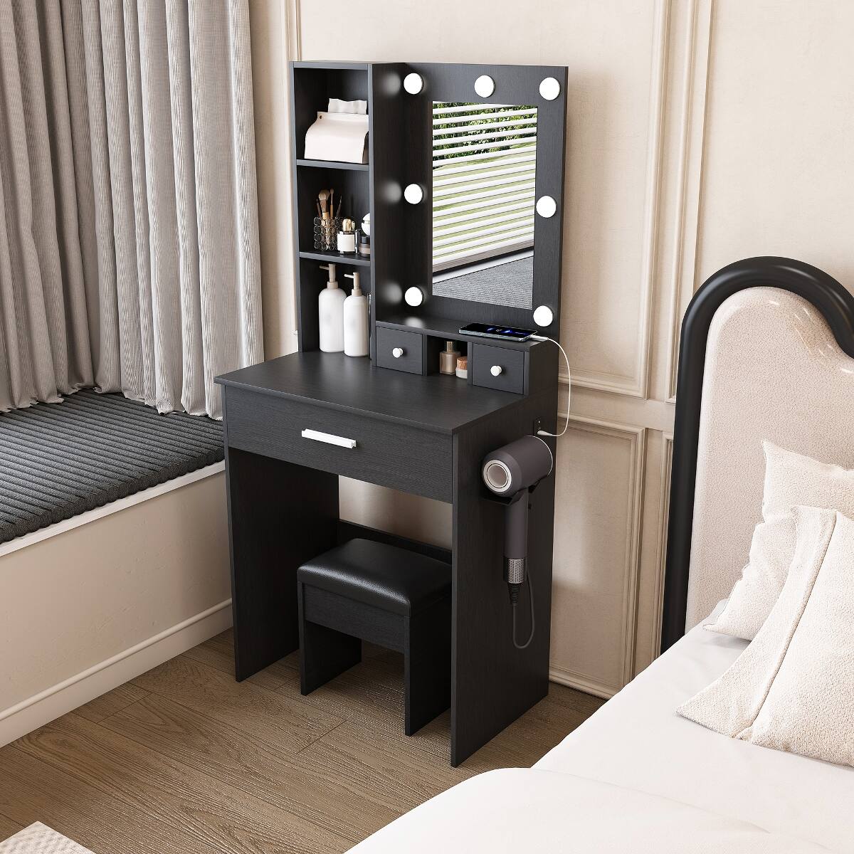 Angle. Loheer - Loheer Makeup Vanity with Mirror and Adjustable LED Lights, Black, Includes Stool - Black.