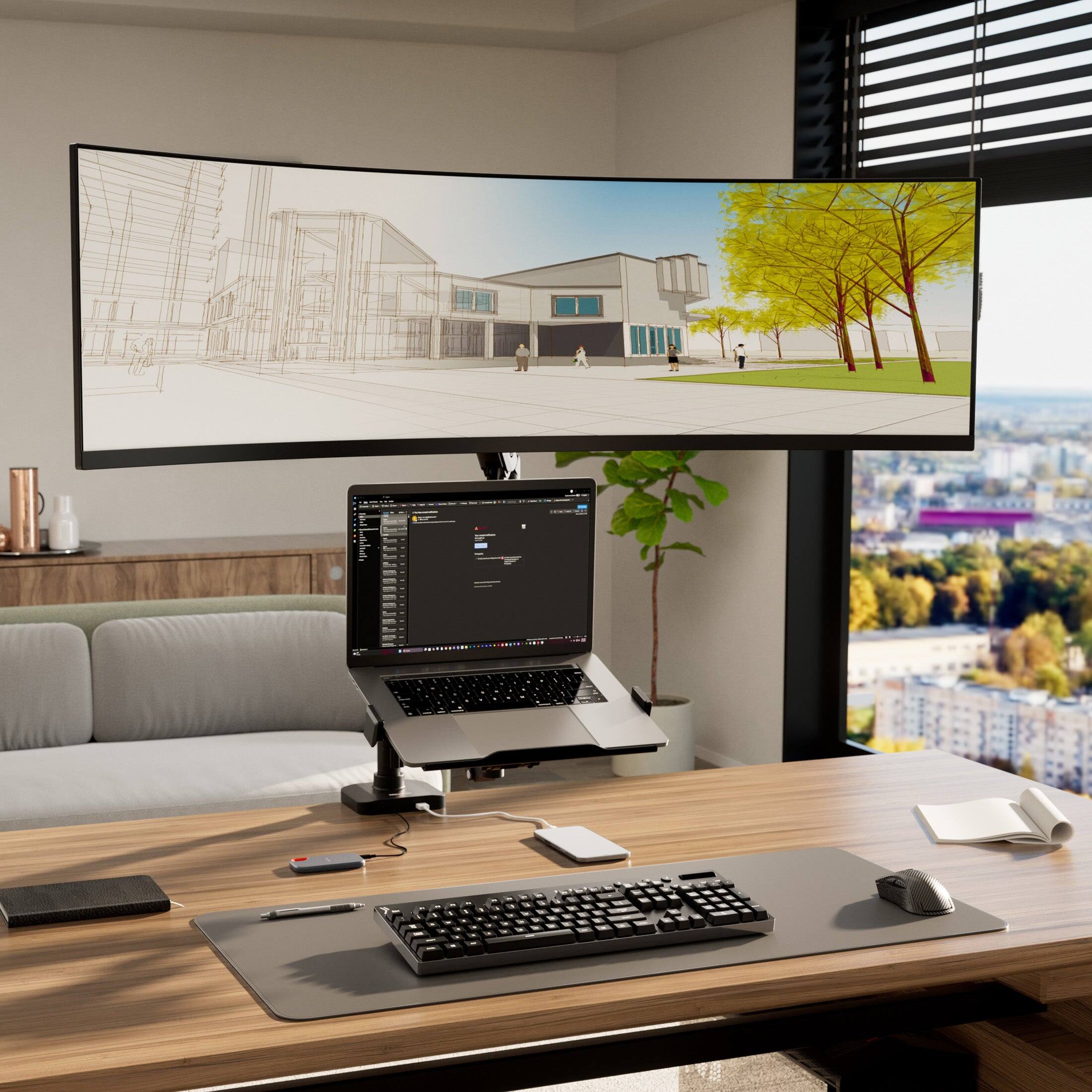 Left. Mount-It! - Monitor and Laptop Desk Mount with Pole, Gas Spring Arms, USB-C, Fits Up to 49 Inch Monitor - Black.