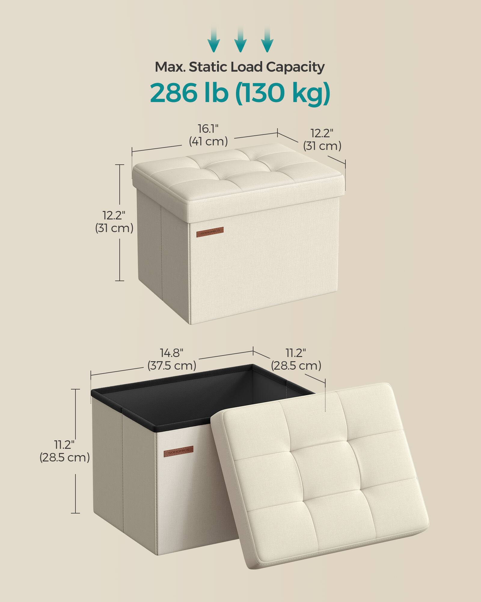 Max. Static Load Capacity: 286 lb (130 kg)

Dimensions:
- 16.1" (41 cm) x 12.2" (31 cm) x 12.2" (31 cm)
- 14.8" (37.5 cm) x 11.2" (28.5 cm) x 11.2" (28.5 cm)