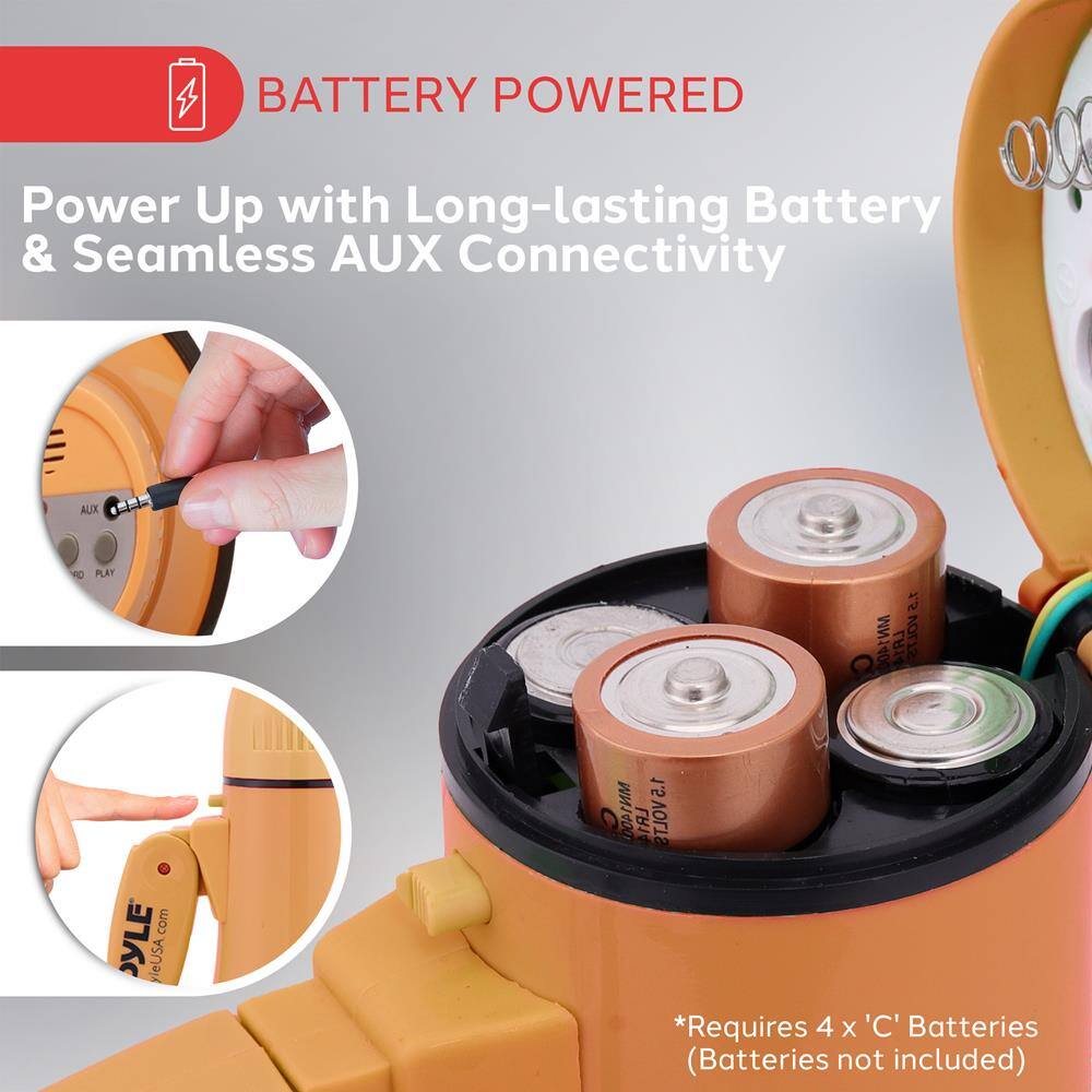 BATTERY POWERED

Power Up with Long-lasting Battery & Seamless AUX Connectivity

*Requires 4 x 'C' Batteries (Batteries not included)