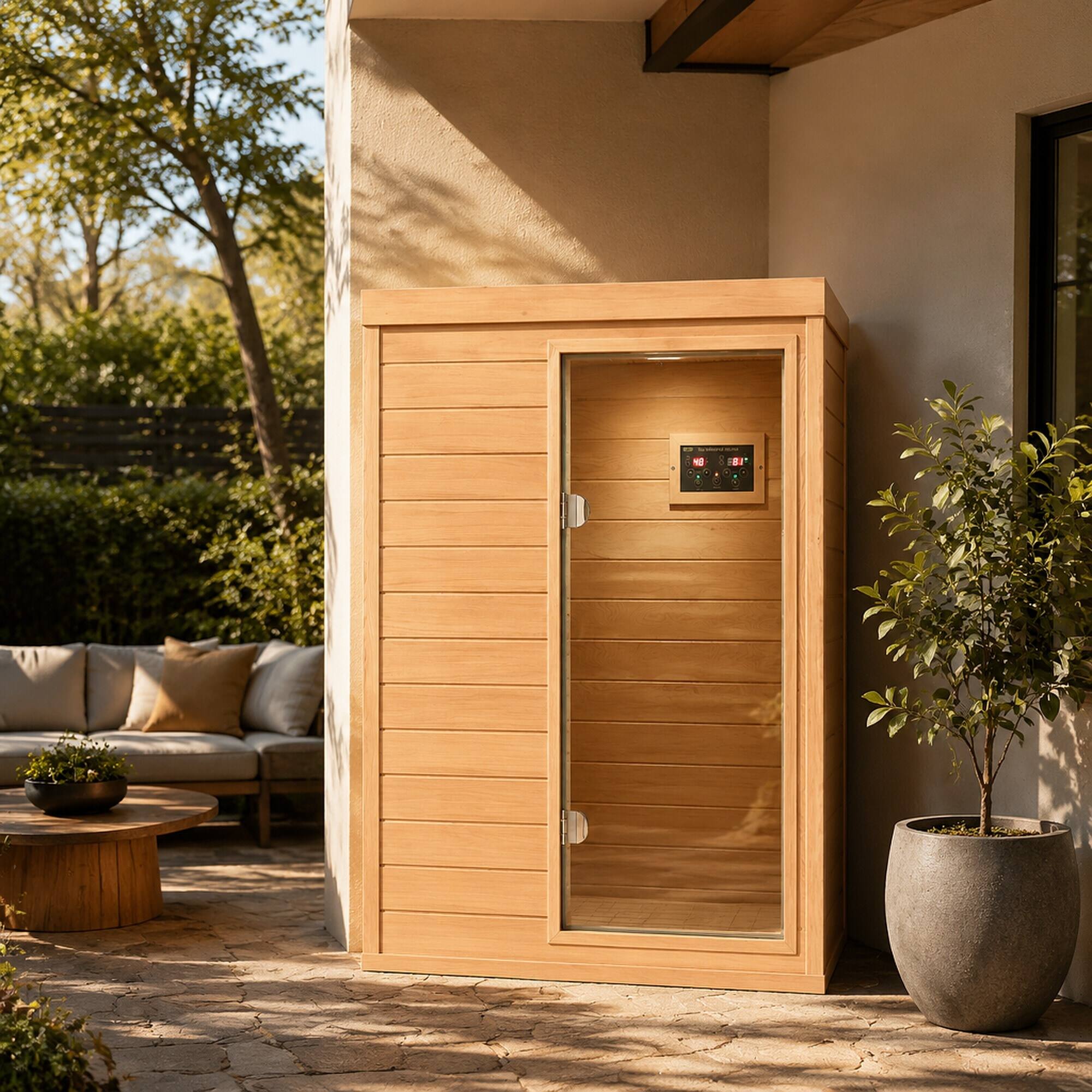 Angle. RYHNUYNE - Hemlock Mini 1-Person Far Infrared Sauna, Right-Hinged Door, 1050W, 6 Heating Panels, Indoor - Natural.