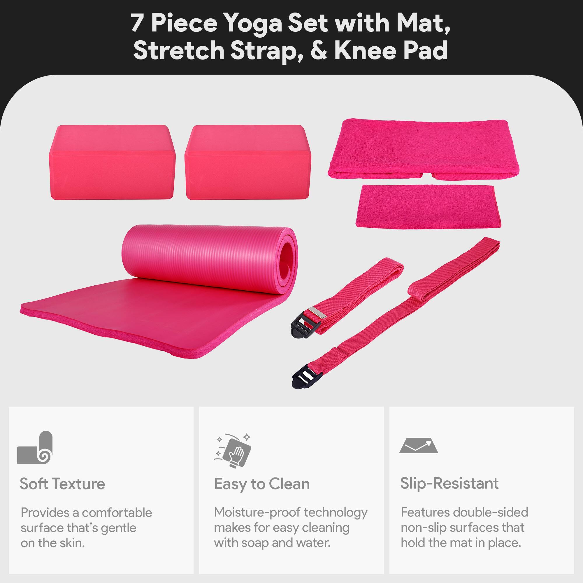 7 Piece Yoga Set with Mat, Stretch Strap, & Knee Pad

Soft Texture
Provides a comfortable surface that's gentle on the skin.

Easy to Clean
Moisture-proof technology makes for easy cleaning with soap and water.

Slip-Resistant
Features double-sided non-slip surfaces that hold the mat in place.