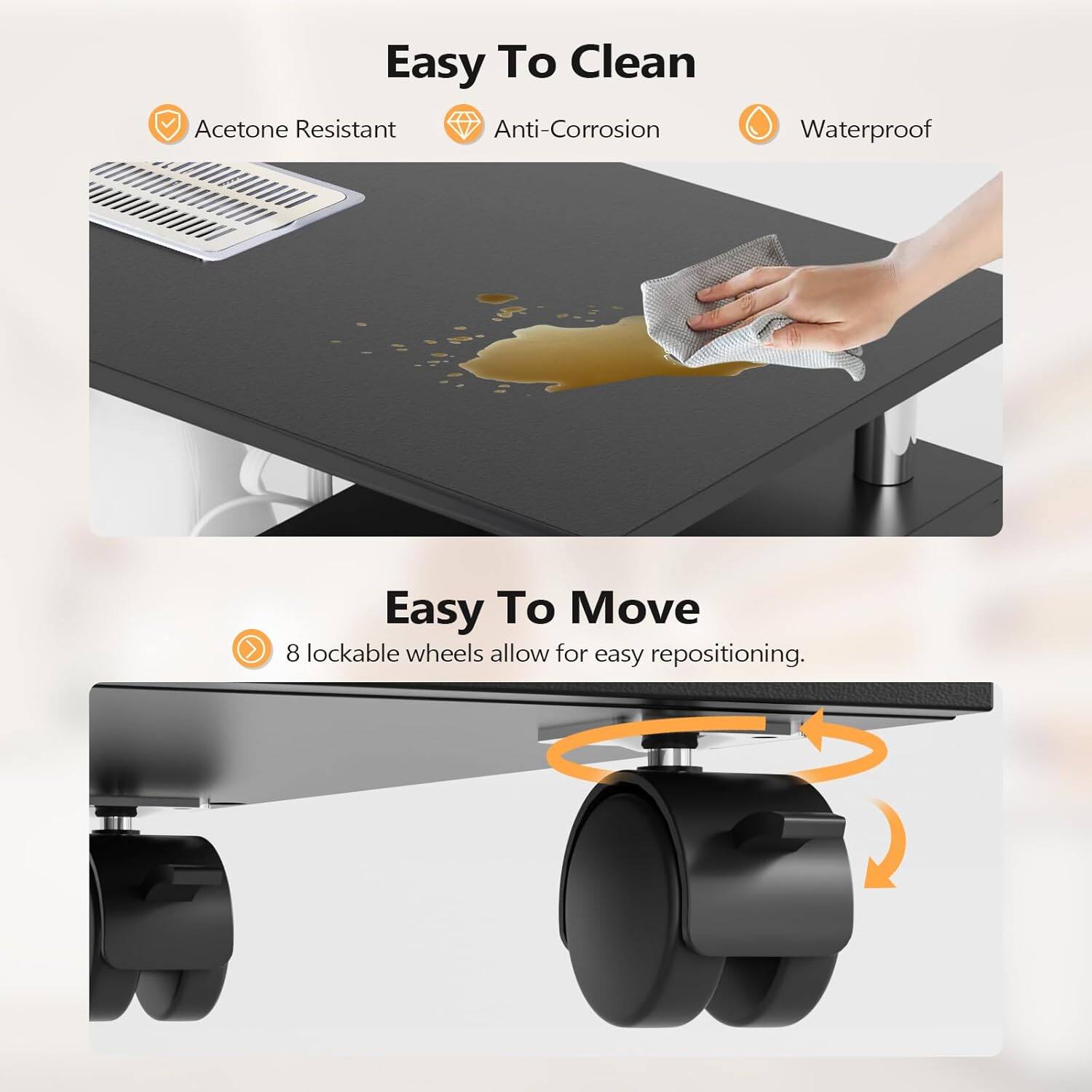 Easy To Clean  
Acetone Resistant  
Anti-Corrosion  
Waterproof  

Easy To Move  
8 lockable wheels allow for easy repositioning.