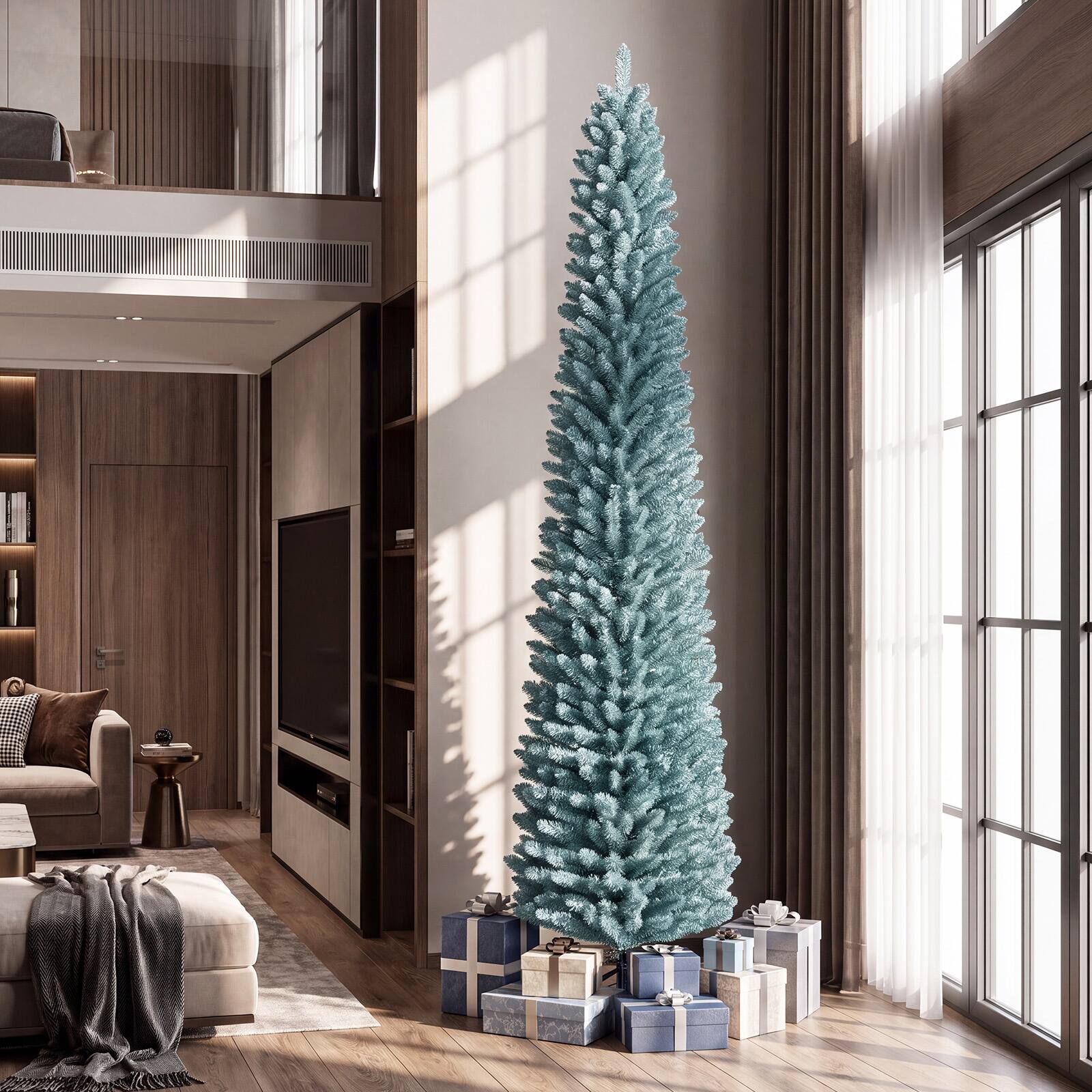 Alt View 3. Costway - Costway 8 FT Artificial Pencil Christmas Tree with 535 Lush Branch Tips Folding Metal Stand - Gray Green.