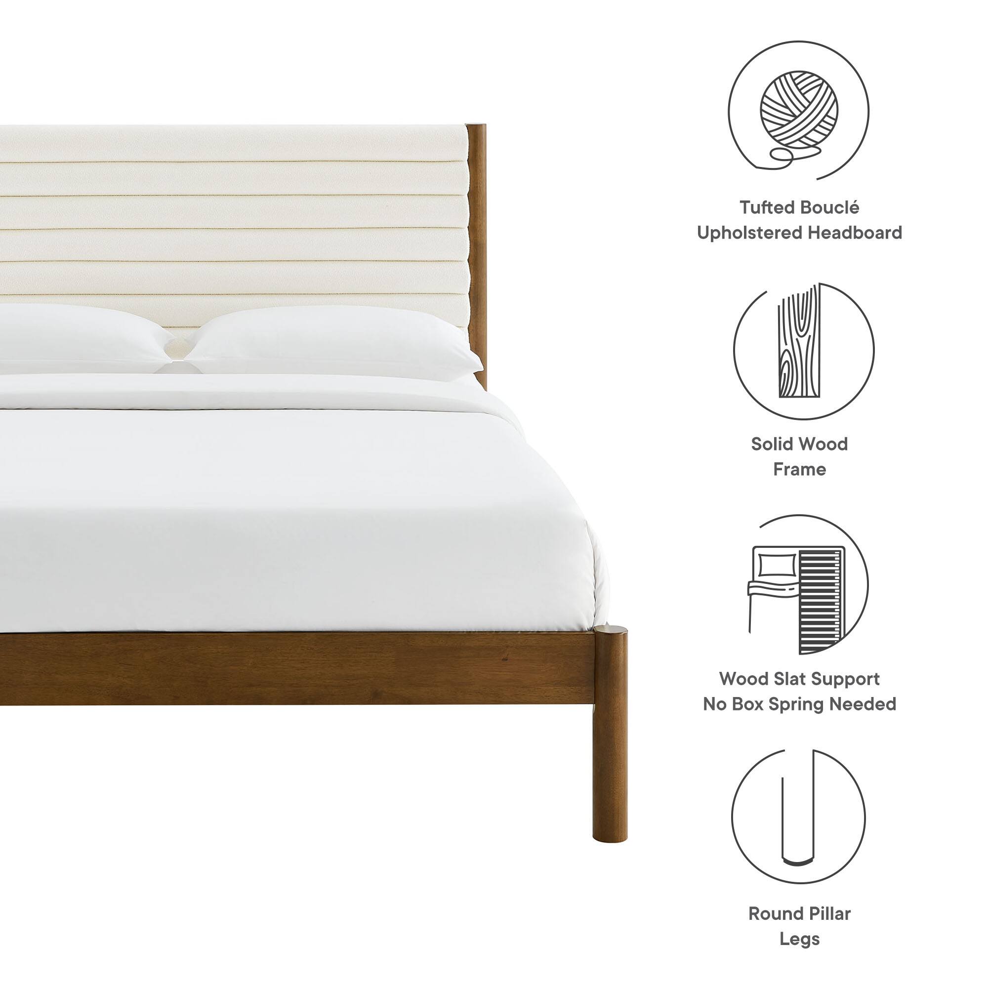 - Tufted Bouclé Upholstered Headboard
- Solid Wood Frame
- Wood Slat Support No Box Spring Needed
- Round Pillar Legs