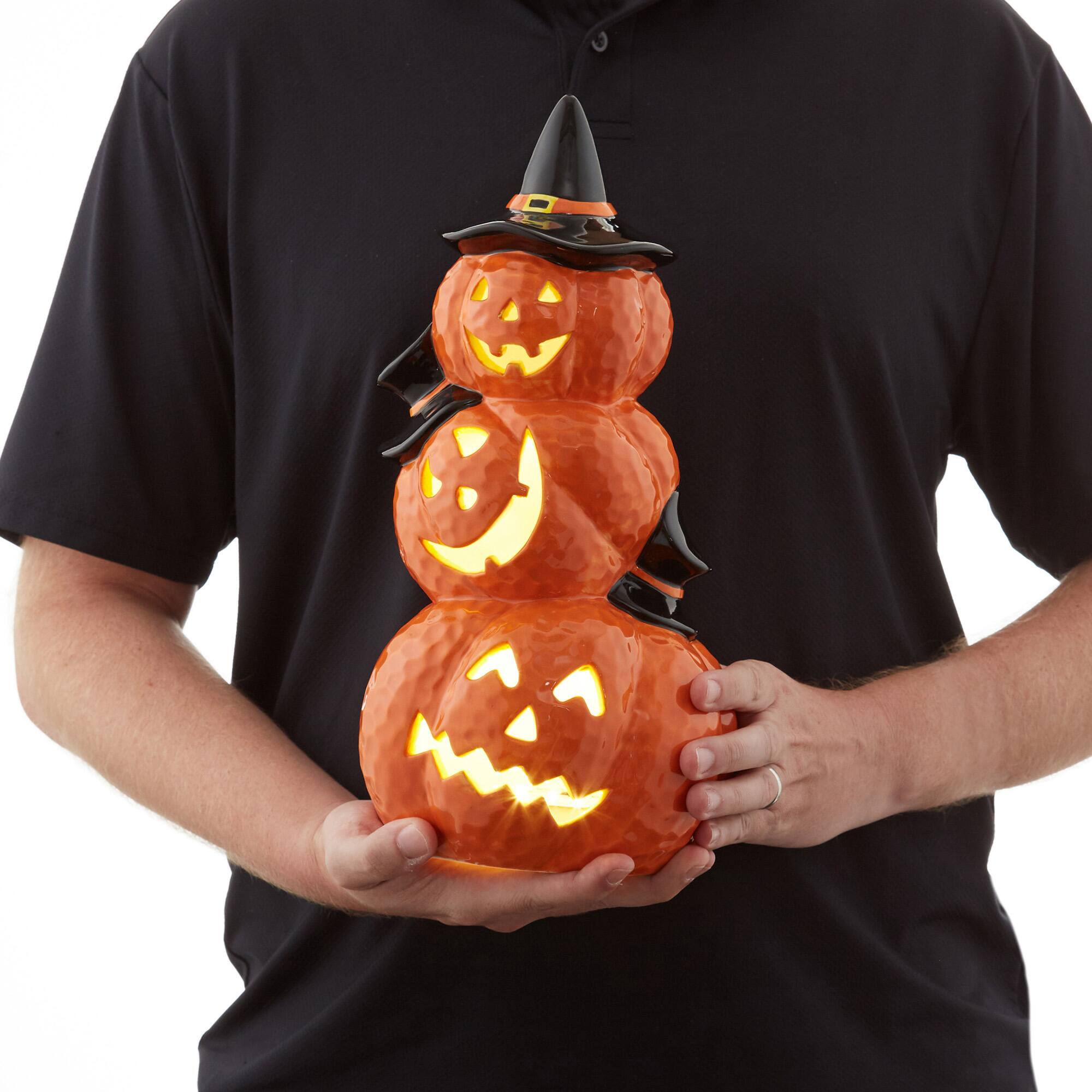 Alt View 3. Casafield - Pre-Lit Ceramic Halloween Hand-Painted Tabletop Indoor Home Decor - Orange Pumpkin Stack.