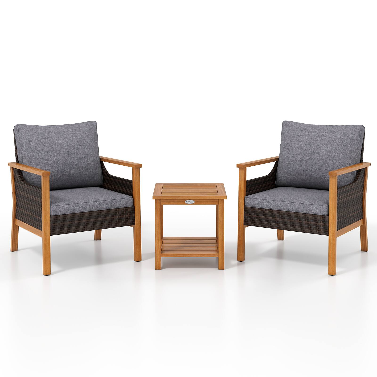 Alt View 6. Gymax - Gymax 3 Piece Patio Furniture Set PE Rattan Chairs w/ 2-Tier Coffee Table & Cushions Mix Brown & Grey - Brown.