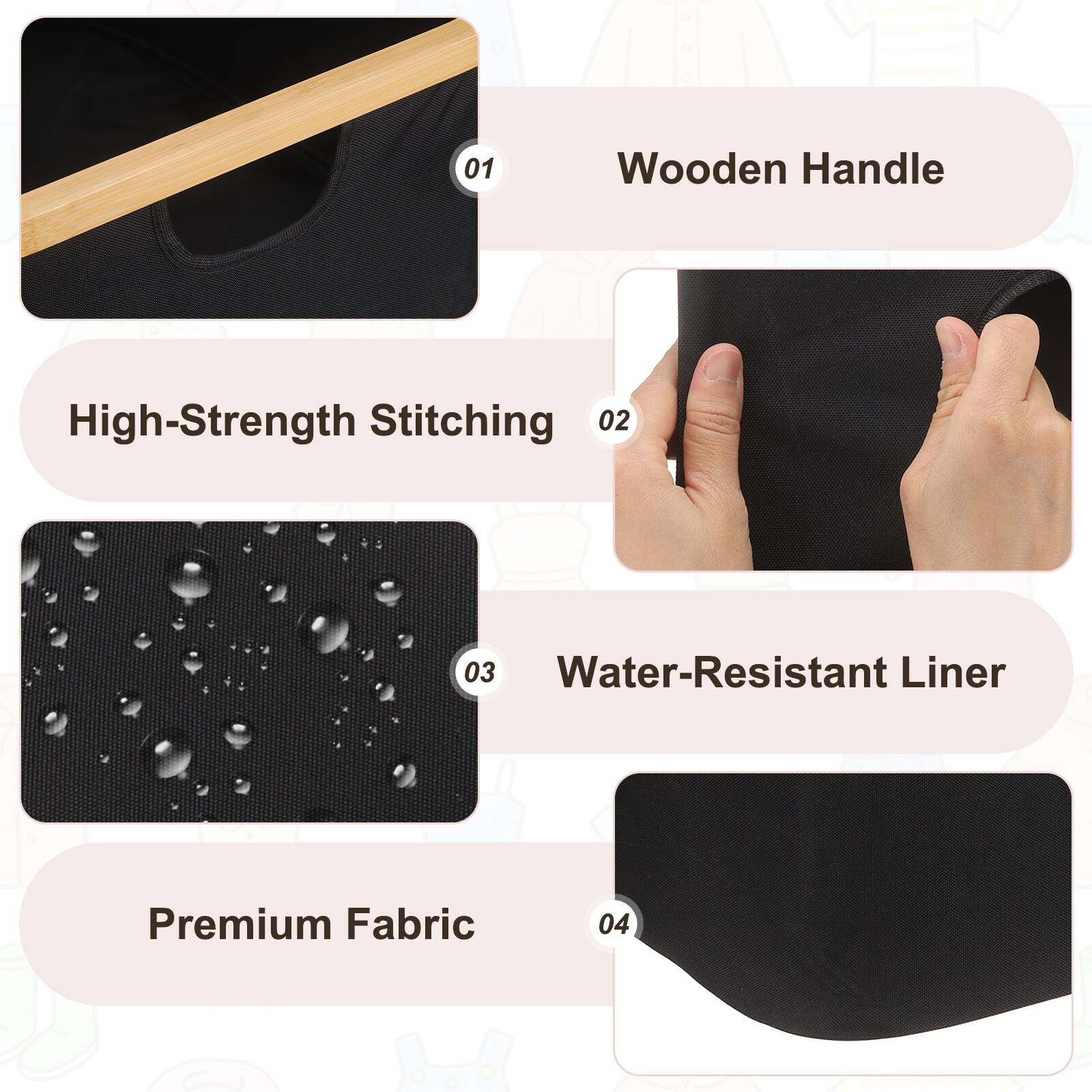 01 Wooden Handle High-Strength Stitching  
02 Water-Resistant Liner Premium Fabric
