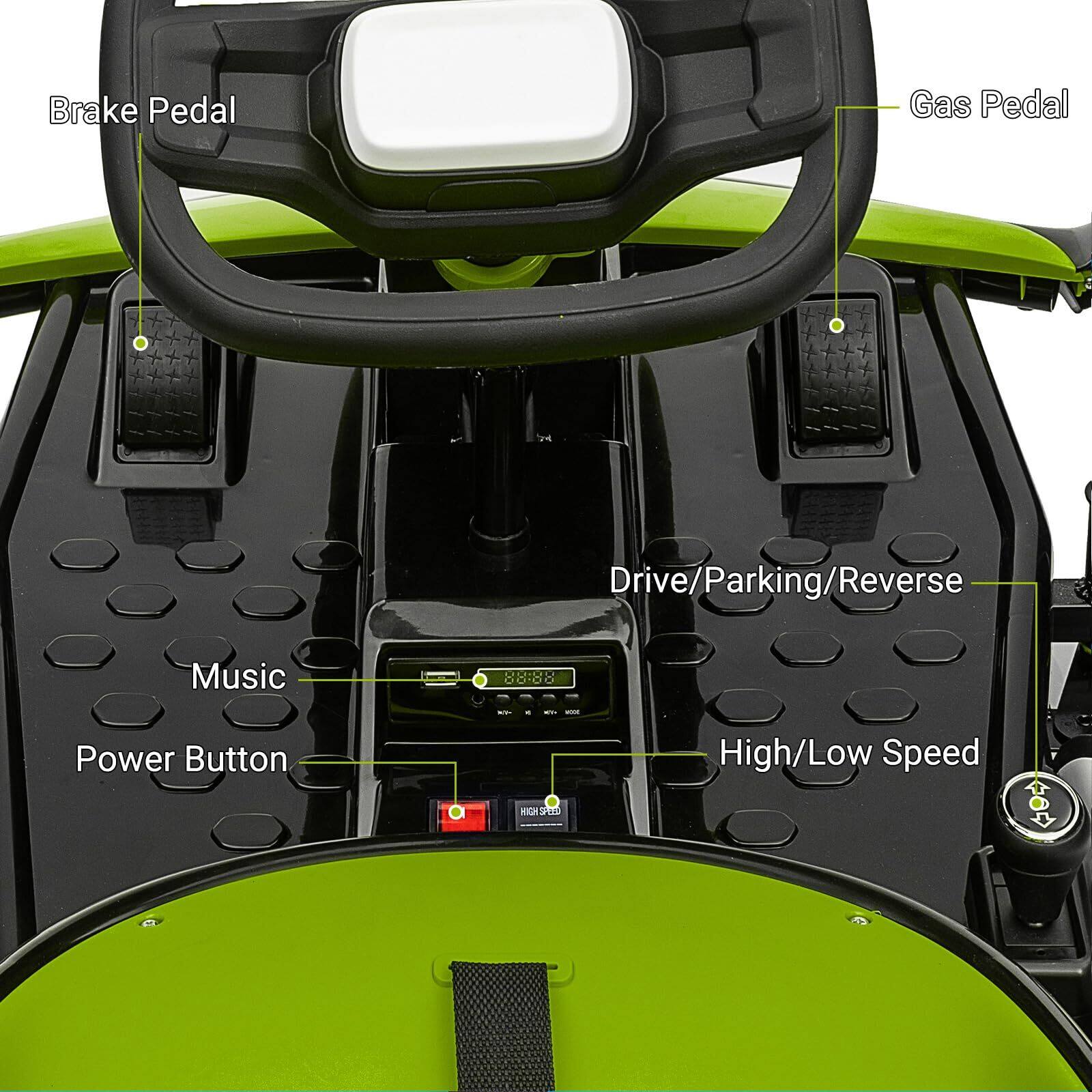 - Brake Pedal
- Gas Pedal
- Drive/Parking/Reverse
- Music
- Power Button
- High/Low Speed