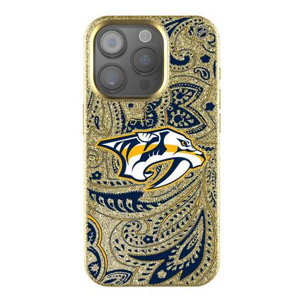 Front. Keyscaper - Gold Nashville Predators Paisley Bling iPhone Case - 14 Pro - Gold.