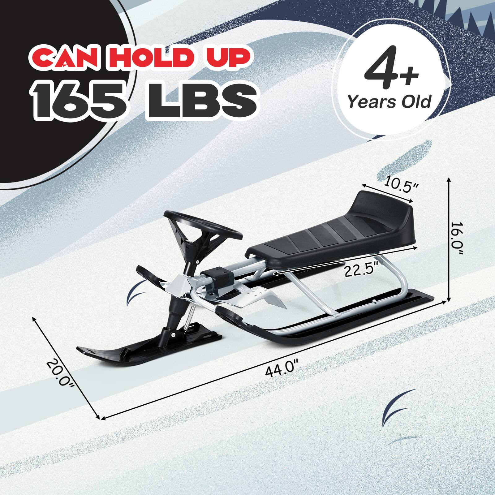 The image features a snowboard with the text "CAN HOLD UP 165 LBS 4+ Years Old 10.5" 22.5" 16.0" 20.0" 44.0" written on it. The text indicates that the snowboard is designed to hold up to 165 pounds and is suitable for children aged 4 years or older. The dimensions of the snowboard are also provided, including its length, width, and height.