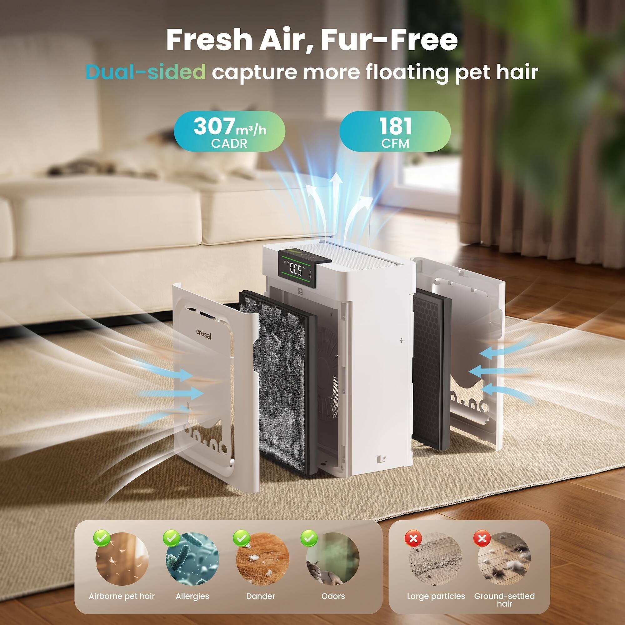 Fresh Air, Fur-Free  
Dual-sided capture more floating pet hair

307 m³/h CADR  
181 CFM

Airborne pet hair  
Allergies  
Dander  
Odors

Large particles  
Ground-settled hair