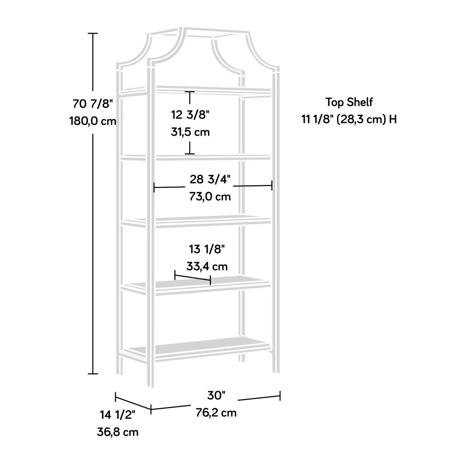- Height: 70 7/8" (180.0 cm)
- Top Shelf Height: 11 1/8" (28.3 cm)
- Shelf Spacing:
  - 12 3/8" (31.5 cm)
  - 28 3/4" (73.0 cm)
  - 13 1/8" (33.4 cm)
- Width: 30" (76.2 cm)
- Depth: 14 1/2" (36.8 cm)
