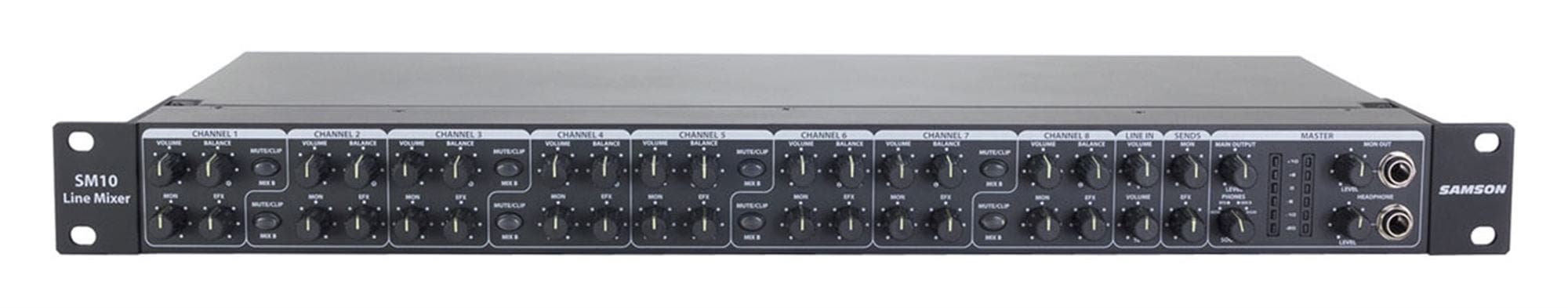 CHANNEL 1  
CHANNEL 2  
CHANNEL 3  
CHANNEL 4  
CHANNEL 5  
CHANNEL 6  
CHANNEL 7  
CHANNEL 8  
LINE IN  
SENDS  
MASTER  
SM10 Line Mixer  
SAMSON