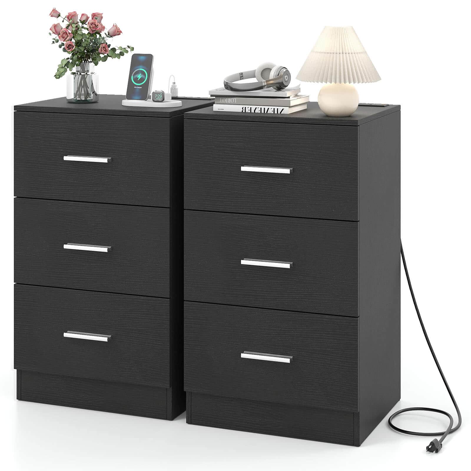 Costway - Nightstand with Charging Station, 3 Storage Drawers, Bedside Table for Bedroom - Black