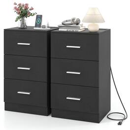 Costway - Nightstand with Charging Station, 3 Storage Drawers, Bedside Table for Bedroom - Black
