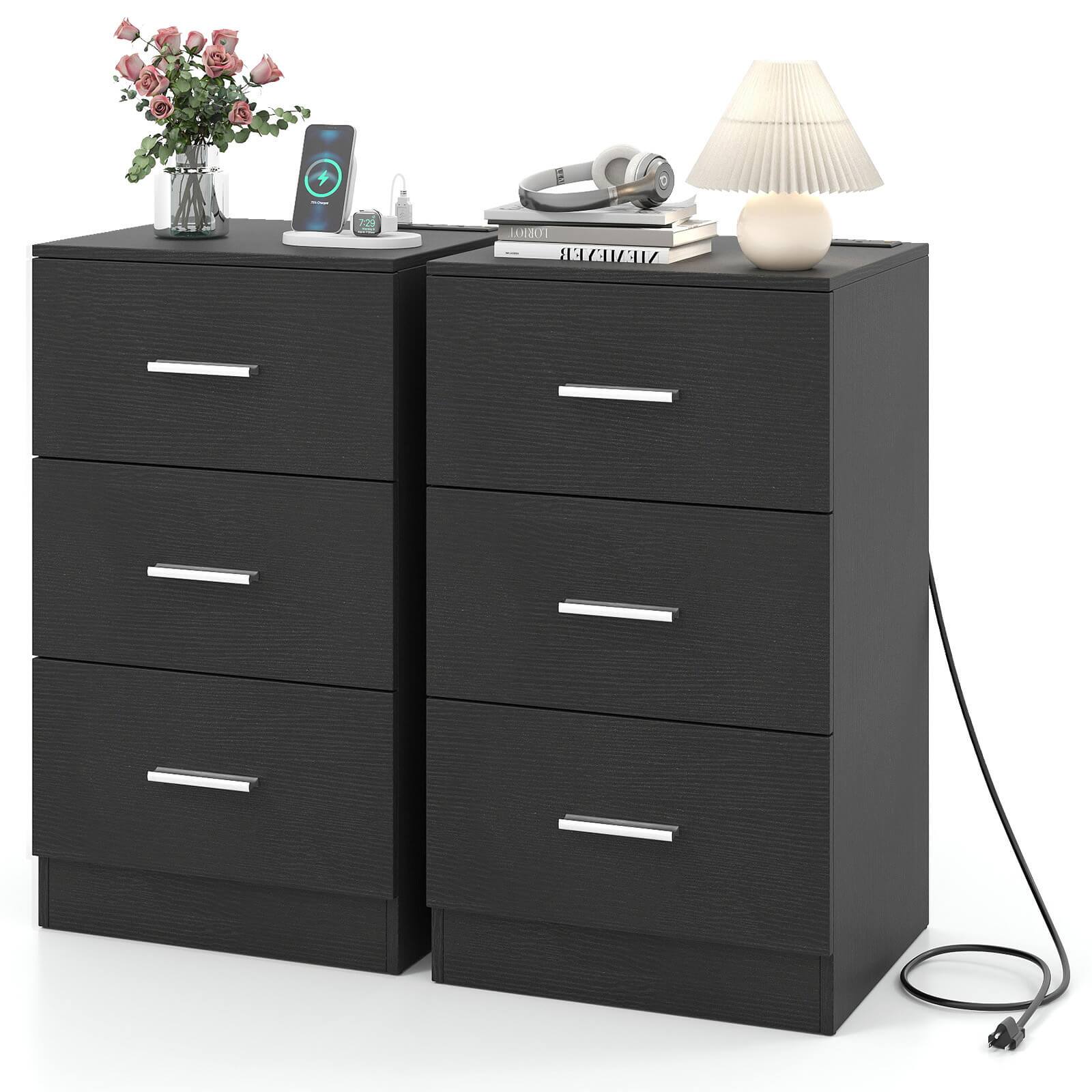 Costway - Nightstand with Charging Station, 3 Storage Drawers, Bedside Table for Bedroom - Black
