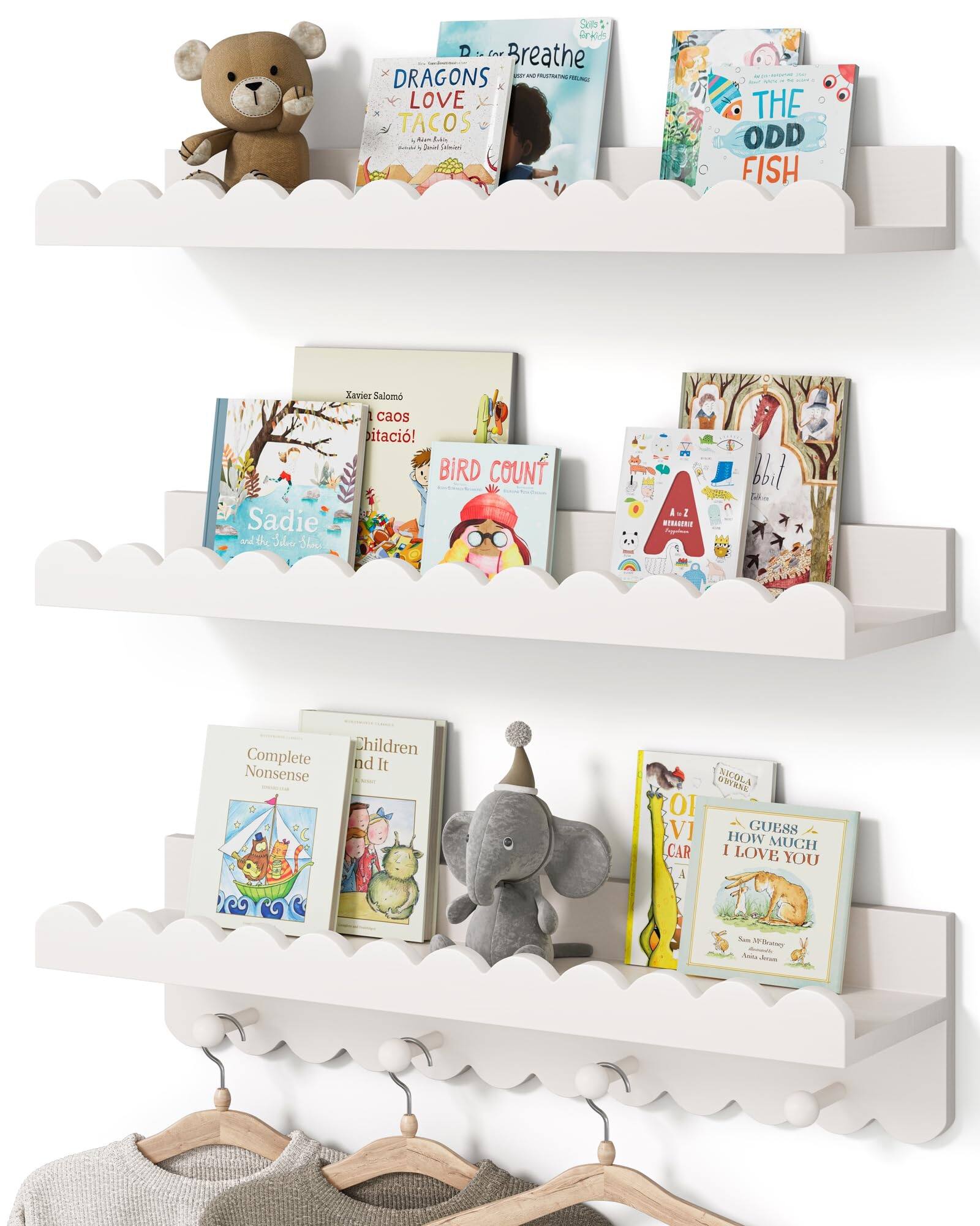 Dazzed Corner - Scalloped Nursery Wall Shelves with Coat Hooks, Floating Bookshelves Set of 3 - White