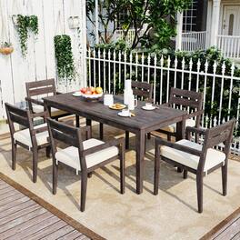 Mondawe - 7 Pieces Acacia Wood Outdoor Dining Set with Cushions - Brown+Beige