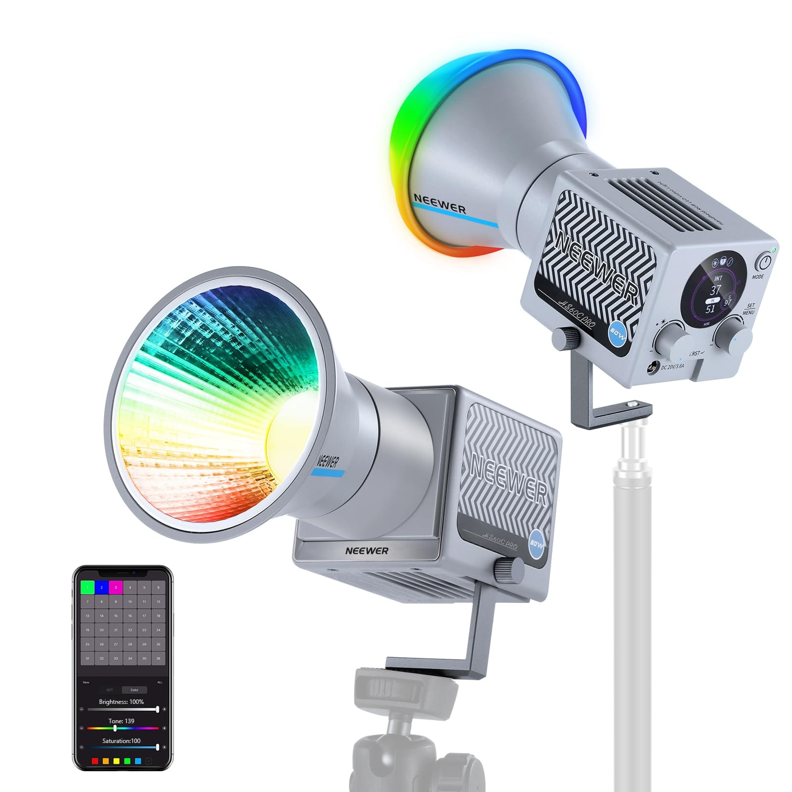 Neewer - HS60C Pro 60W RGB LED Light, APP/DMX Control - Gray