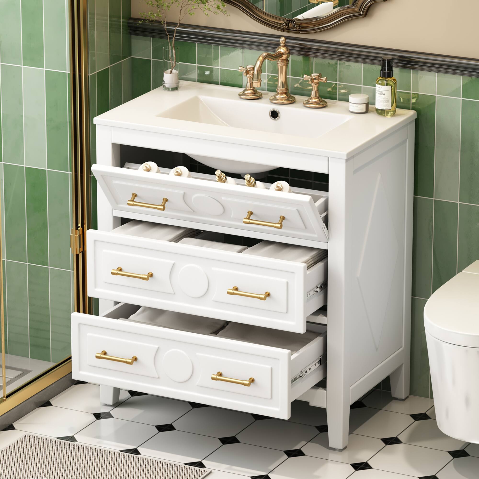 Alt View 9. Glintex - 30" Bathroom Vanity with Ceramic Sink, Single Vanity Set, 3 Drawers, Solid Wood Frame Storage Cabinet - White.