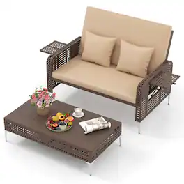 Costway - 2 PCS Wicker Loveseat & Storage Ottoman with 4-Level Backrest & Soft Cushion - Brown