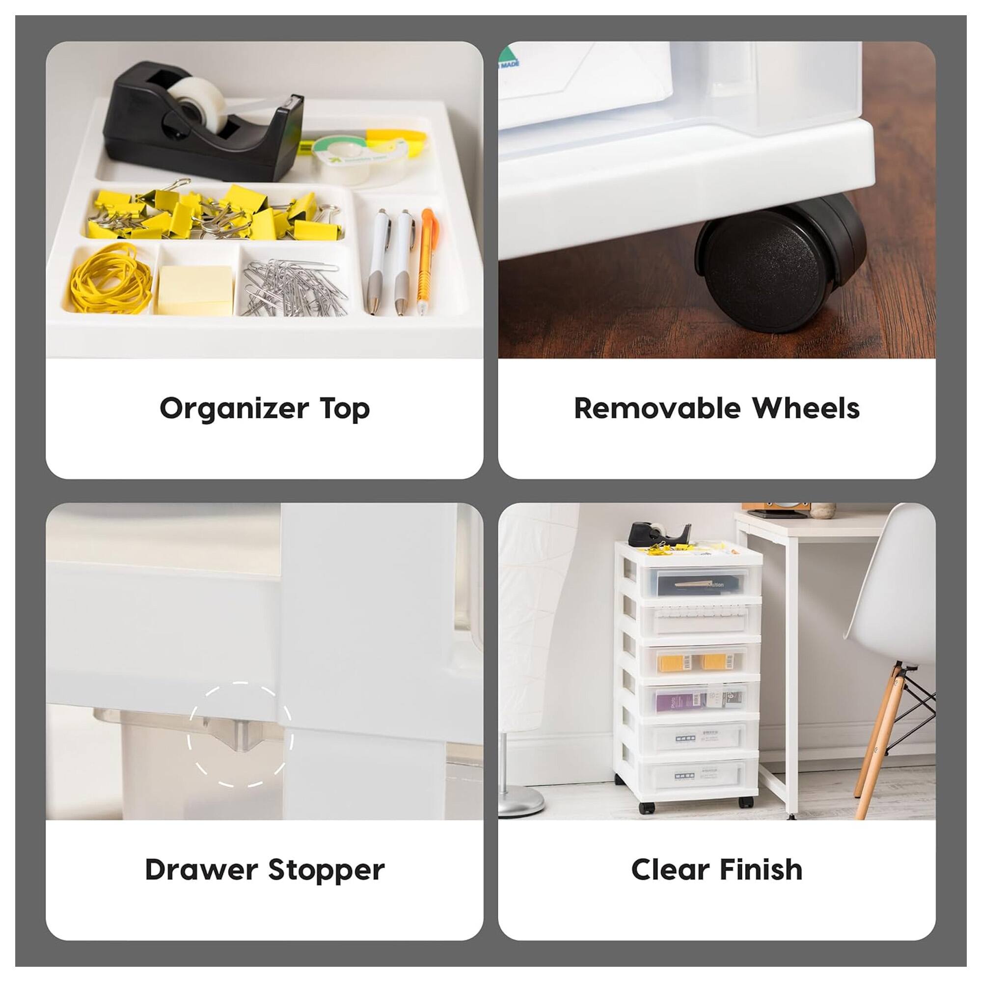 Organizer Top  
Removable Wheels  
Drawer Stopper  
Clear Finish