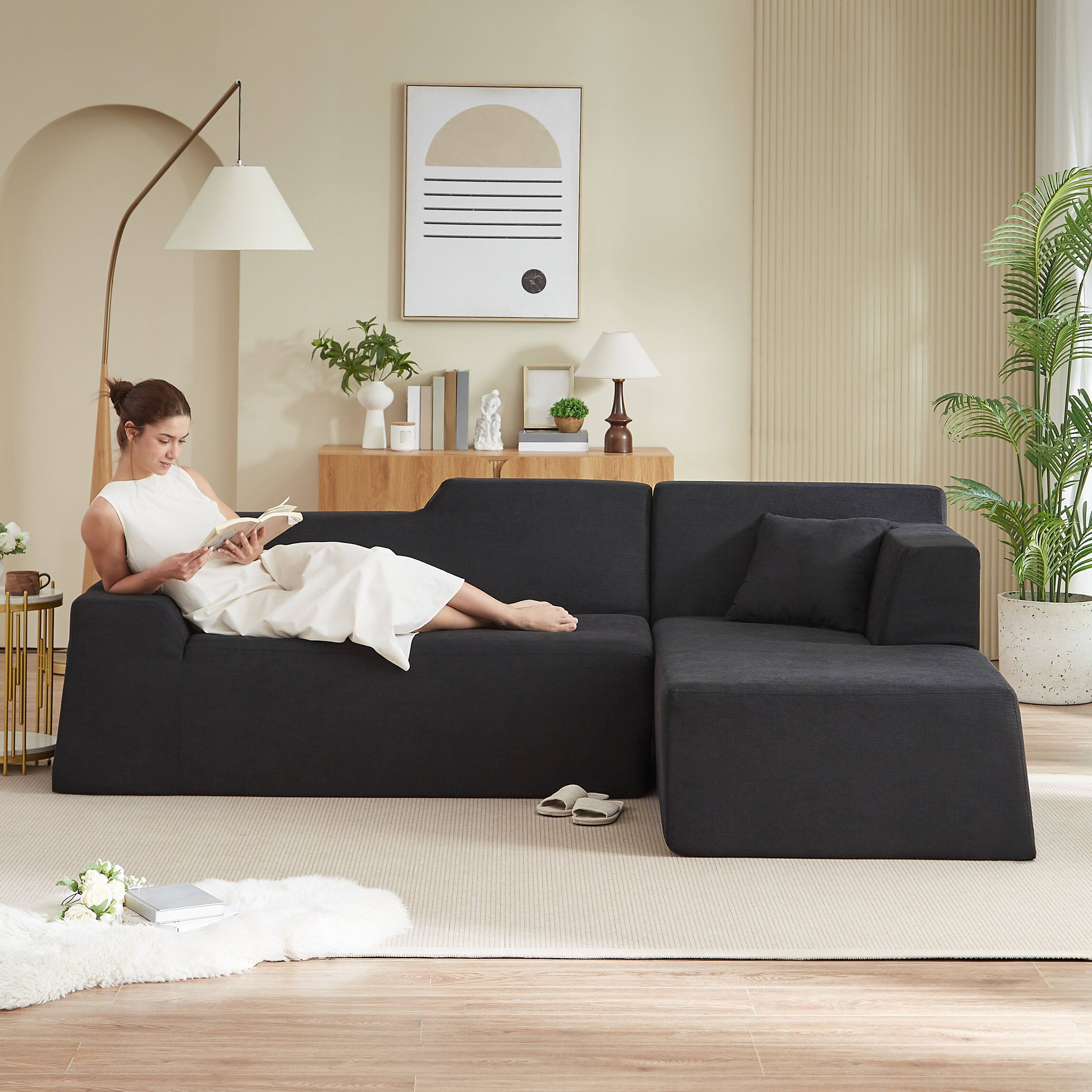 Angle. Anysun - Anysun L-Shaped Design Right-Facing Modern Minimalist Corduroy High Raised Thickened Back Sofa - Black.