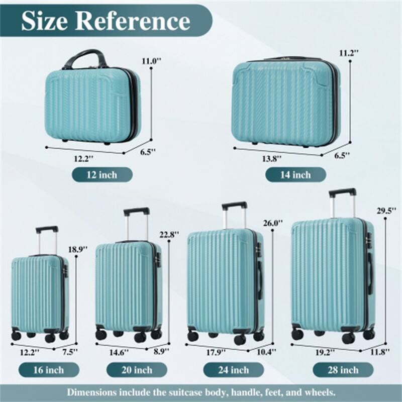 Size Reference

- 12 inch: 11.0" x 12.2" x 6.5"
- 14 inch: 11.2" x 13.8" x 6.5"
- 16 inch: 12.2" x 18.9" x 7.5"
- 20 inch: 14.6" x 14.6" x 8.9"
- 24 inch: 17.9" x 26.0" x 10.4"
- 28 inch: 19.2" x 29.5" x 11.8"

Dimensions include the suitcase body, handle, feet, and wheels.