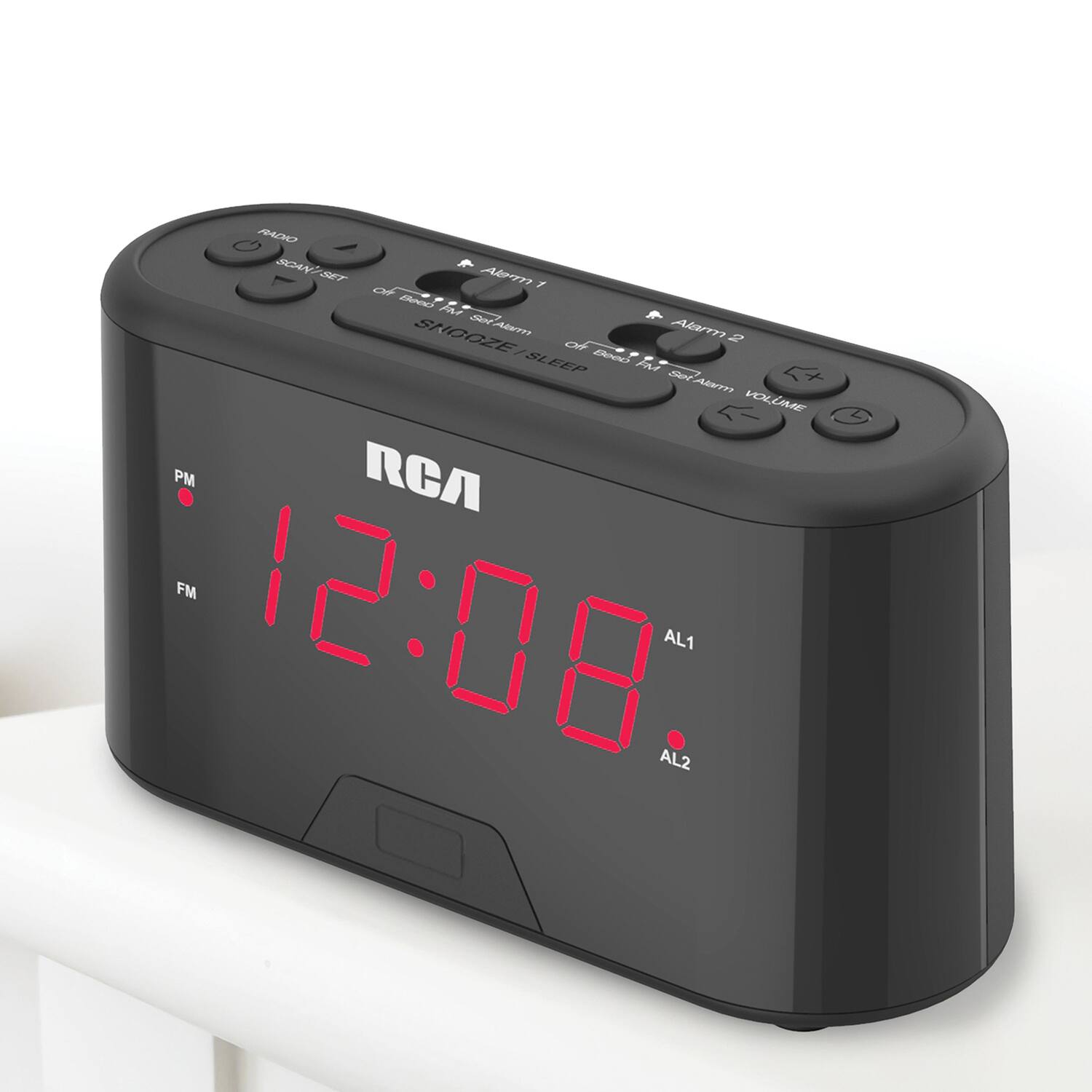 RCA Alarm Clock

- RADIO
- SCAN/SET
- SNOOZE
- ALARM 1
- ALARM 2
- OFF/PM
- FM
- SLEEP
- VOLUME
- AL1
- AL2

12:08 PM