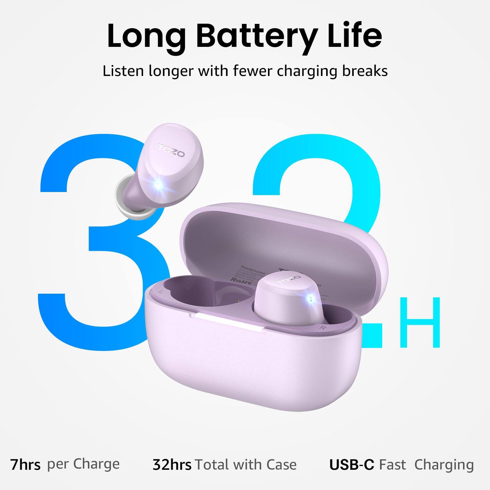 Long Battery Life  
Listen longer with fewer charging breaks  

TOZO 3  
7hrs per Charge  
32hrs Total with Case  
USB-C Fast Charging