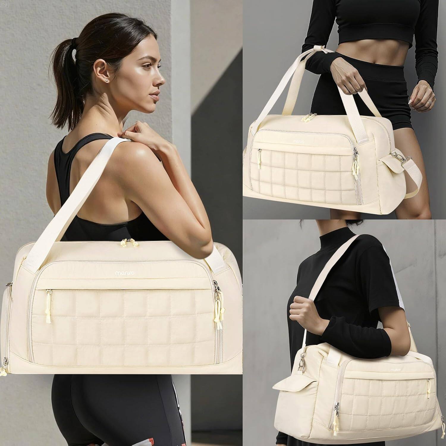 Alt View 3. mosiso - Gym Bag for Women, Travel Weekender Carry-On Duffle Bag with Shoe Compartment, Wet Pocket for Fitness Yoga Weekend - Beige.
