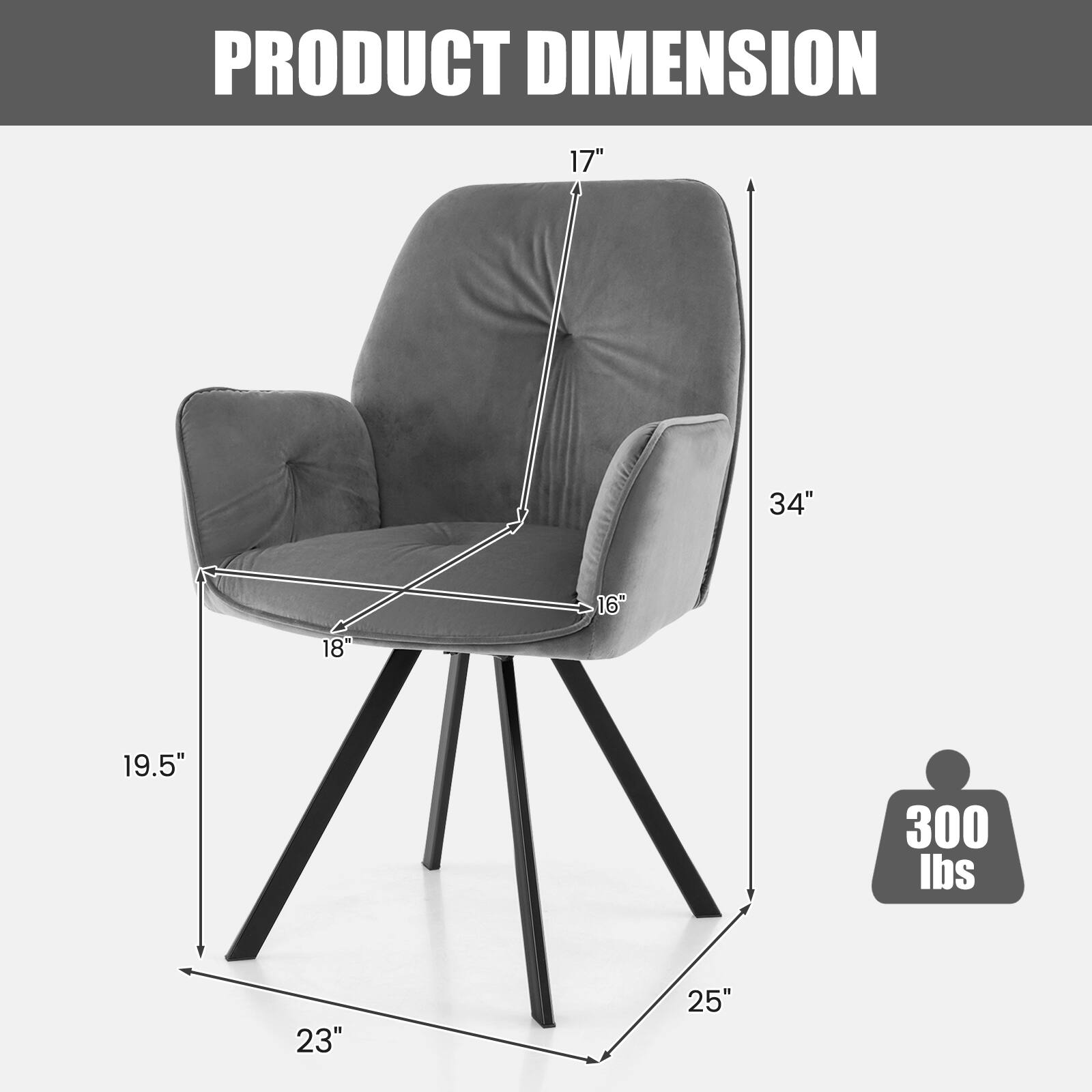 PRODUCT DIMENSION 17" 34" 16" 18" 19.5" 300 lbs 23" 25"