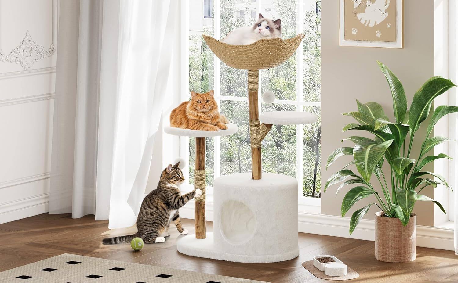 Angle. Acekool - Modern Natural Wood Cat Tree, Large Rattan Basket Tower, Scratching Posts, Realistic Branch, White Luxury Perch, White.