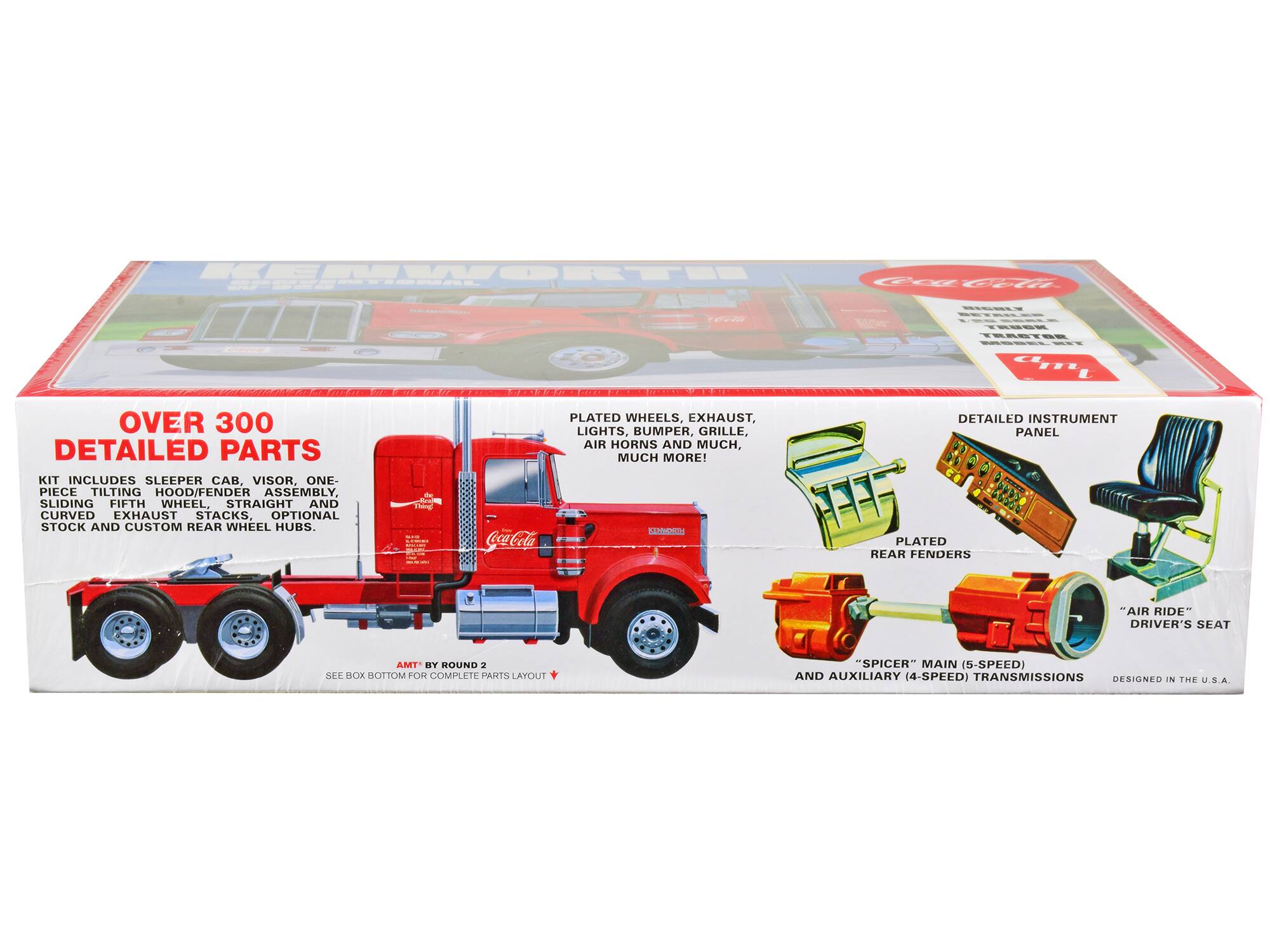 KEWWORTH TEER Co6ii - - TEASTER - ... OVER 300 DETAILED PARTS KIT INCLUDES SLEEPER CAB, VISOR, ONE-PIECE TILTING HOOD/FENDER ASSEMBLY, SLIDING FIFTH WHEEL, STRAIGHT AND CURVED EXHAUST STACKS, OPTIONAL STOCK AND CUSTOM REAR WHEEL HUBS. : CocaCola PLATED WHEELS, EXHAUST, LIGHTS BUMPER, GRILLE, AIR HORNS AND MUCH, MUCH MORE! Aota DETAILED INSTRUMENT PANEL PLATED REAR FENDERS AIR RIDE" DRIVER'S SEAT AMT BY ROUND 2 SFF HOK HOTTOM FOR COMPLETE PARTS LAYOUT "SPICER" MAIN (5-SPEED) AND AUXILIARY (4-SPEED) TRANSMISSIONS DESIGNED IN THE U.S.A