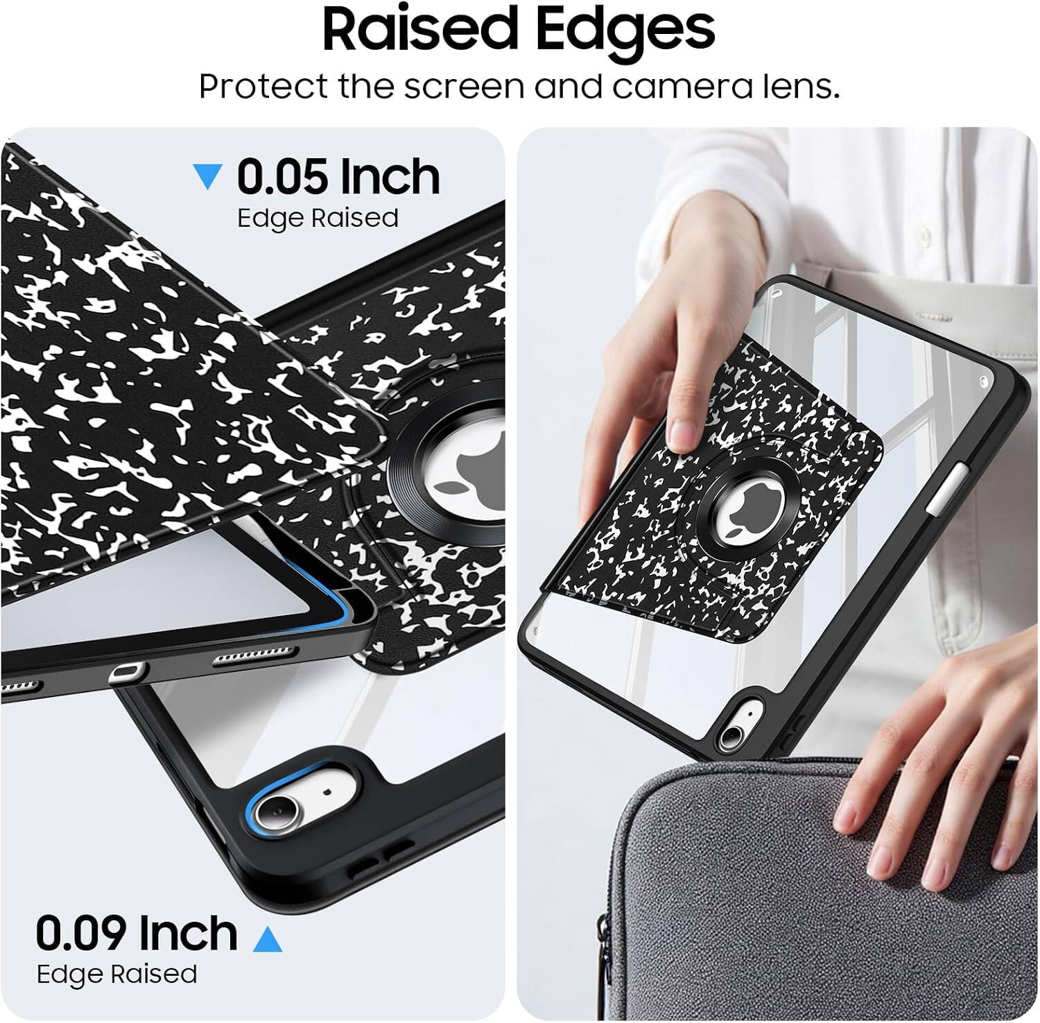 Raised Edges Protect the screen and camera lens.

0.05 Inch Edge Raised

0.09 Inch Edge Raised