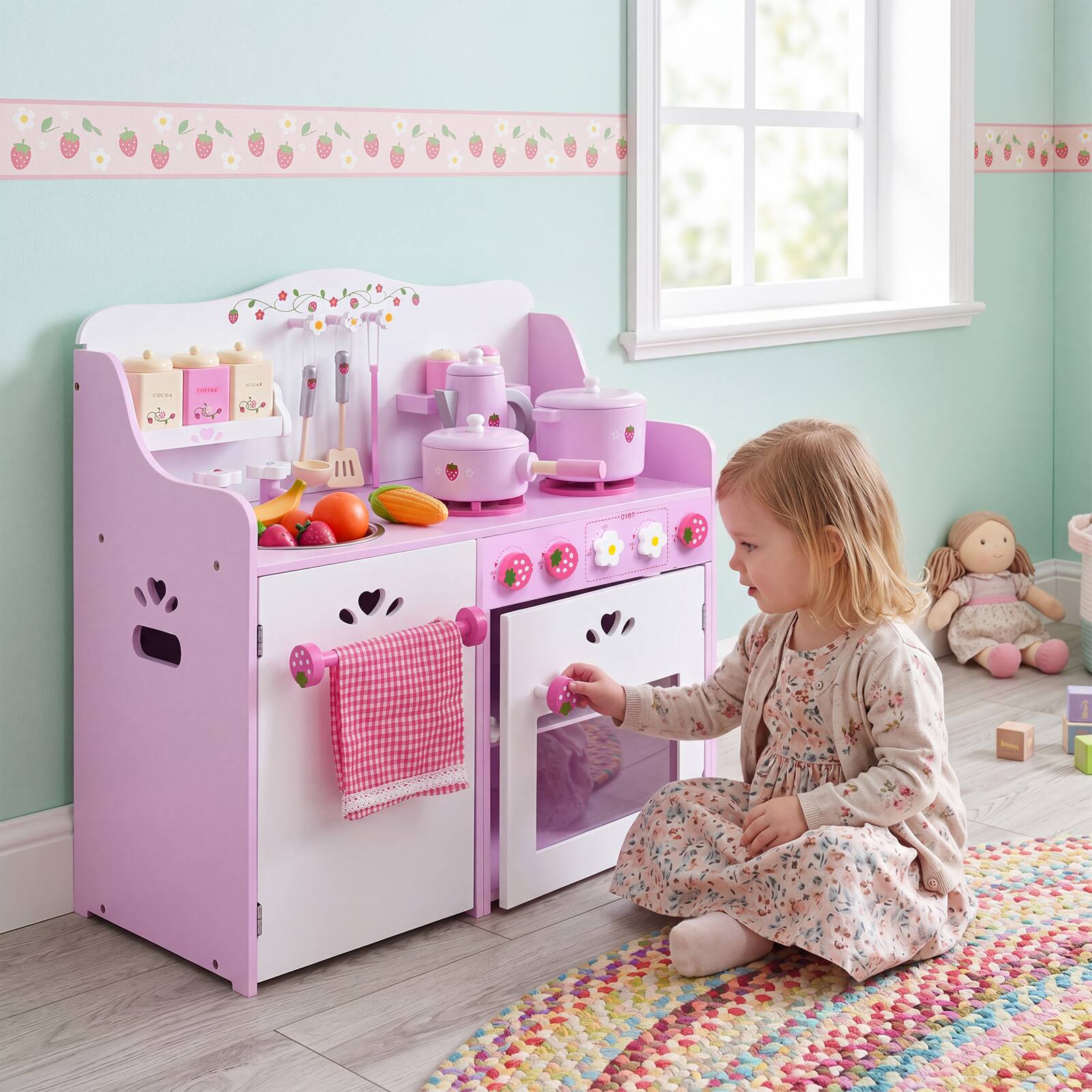 Alt View 1. Costway - Costway Kids Wooden Play Set Kitchen Toy Strawberry Pretend Cooking Playset Toddler - Pink&White.