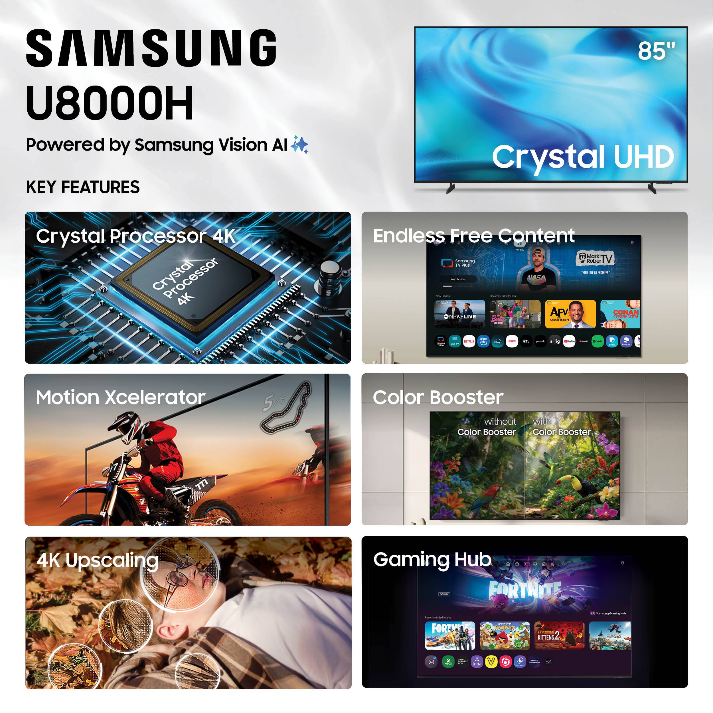 SAMSUNG U8000H  
Powered by Samsung Vision AI  

KEY FEATURES  
- Crystal Processor 4K  
- 85" Crystal UHD  
- Endless Free Content  
- Motion Xcelerator  
- Color Booster  
- 4K Upscaling  
- Gaming Hub  

Gaming Hub: FORTNITE