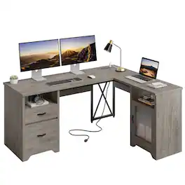 Bestier - 63-inch L Shaped Desk with Monitor Stand & Drawers, LED Computer Desk with Charging Station & Cabinet - Gray