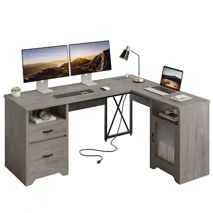 Front. Bestier - 63-inch L Shaped Desk with Monitor Stand & Drawers, LED Computer Desk with Charging Station & Cabinet - Grey.
