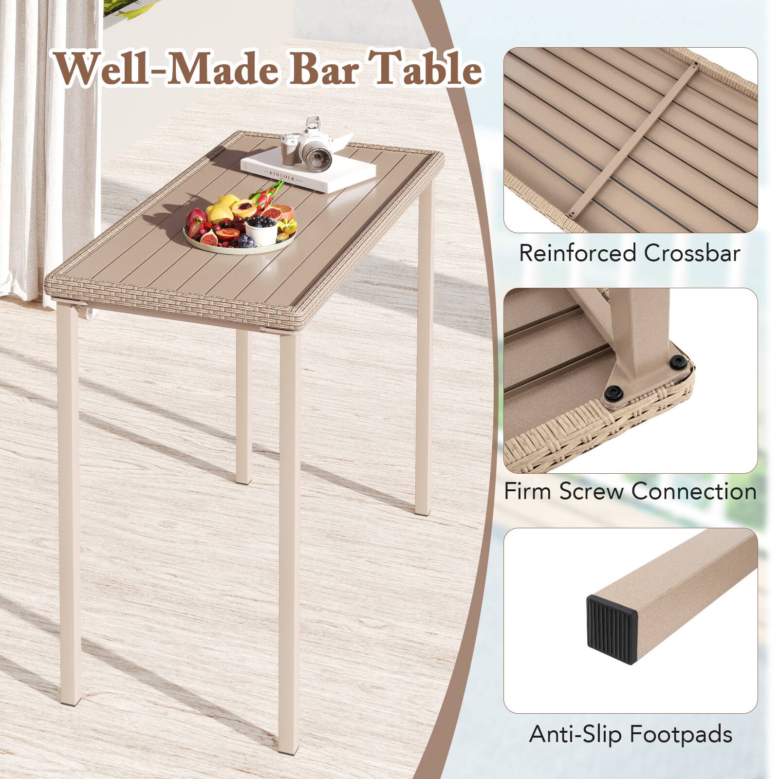 Well-Made Bar Table

- Reinforced Crossbar
- Firm Screw Connection
- Anti-Slip Footpads